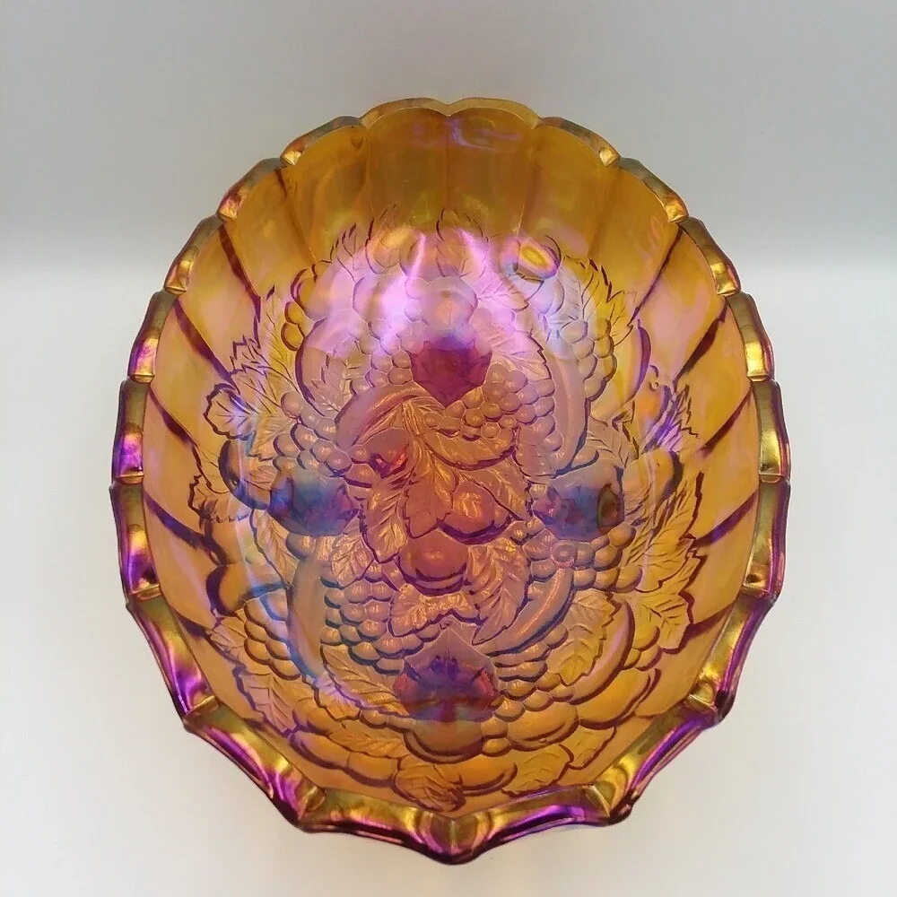 Vintage Iridescent Carnival Glass Bowl Oval Footed Harvest Grape Fruit ‎ 12x9